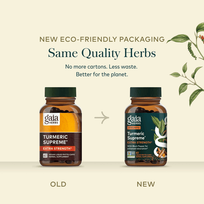 Gaia Herbs Turmeric Pills for Foundational Support || 60 ct Old New Comparison
