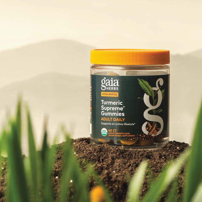 Gaia Herbs Turmeric Supreme Gummies Adult Daily 40 count bottle on a natural background