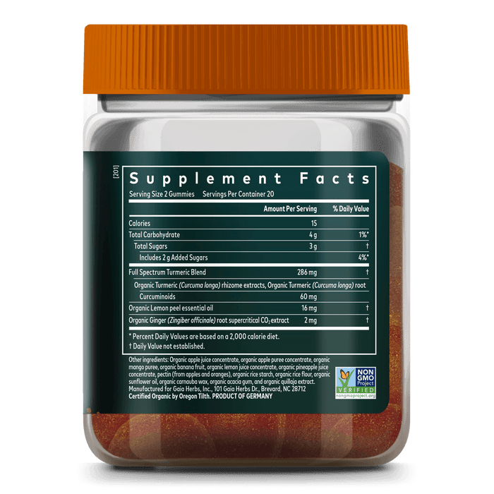 Gaia Herbs Turmeric Supreme Gummies Adult Daily || 40 ct Supplement Bottle Panel