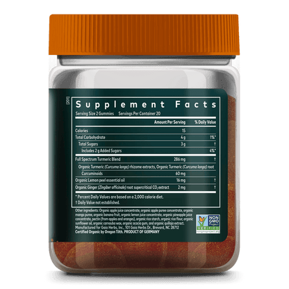 Gaia Herbs Turmeric Supreme Gummies Adult Daily || 40 ct Supplement Bottle Panel