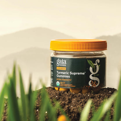 Gaia Herbs Turmeric Supreme Gummies Extra Strength 60 count supplement bottle on a natural background