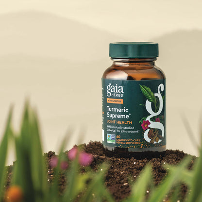 Gaia Herbs Turmeric Supreme Joint Health 60 count supplement bottle on a natural background with plants.