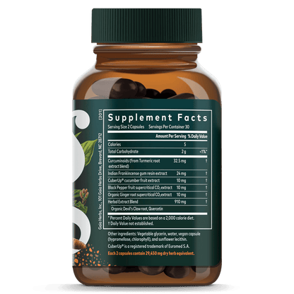 Gaia Herbs Turmeric Supreme Joint Health for Foundational Support || 60 ct Supplement Facts Bottle Panel