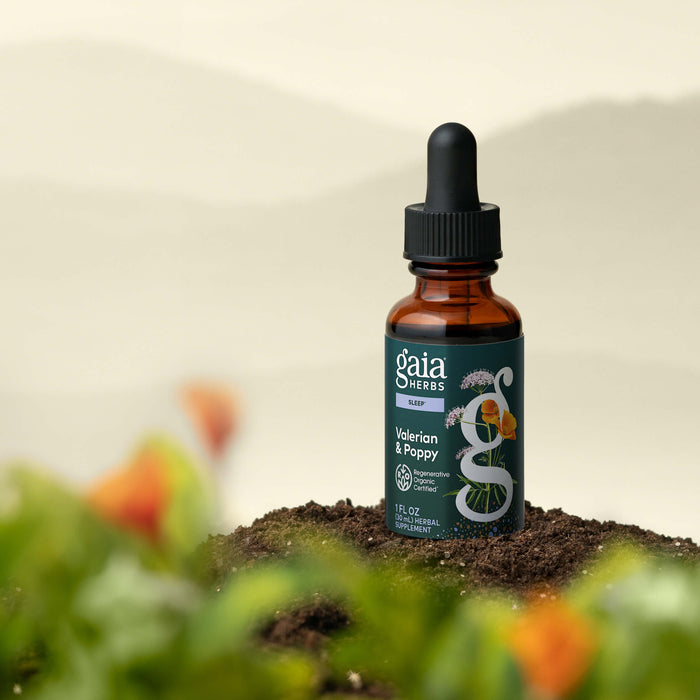 Gaia Herbs Valerian & Poppy tincture bottle on a natural background with plants.