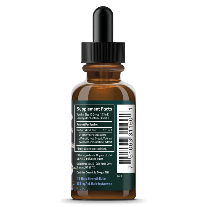 Gaia Herbs Valerian Root, Certified Organic for Sleep Support || 1oz Supplement Facts Bottle Panel