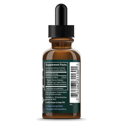 Gaia Herbs Valerian Root, Certified Organic for Sleep Support || 1oz Supplement Facts Bottle Panel