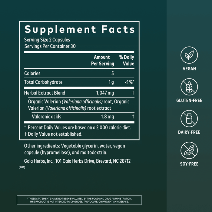 Gaia Herbs Valerian Root Pills for Sleep || 60ct Supplement Facts
