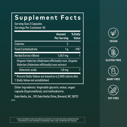 Gaia Herbs Valerian Root Pills for Sleep || 60ct Supplement Facts