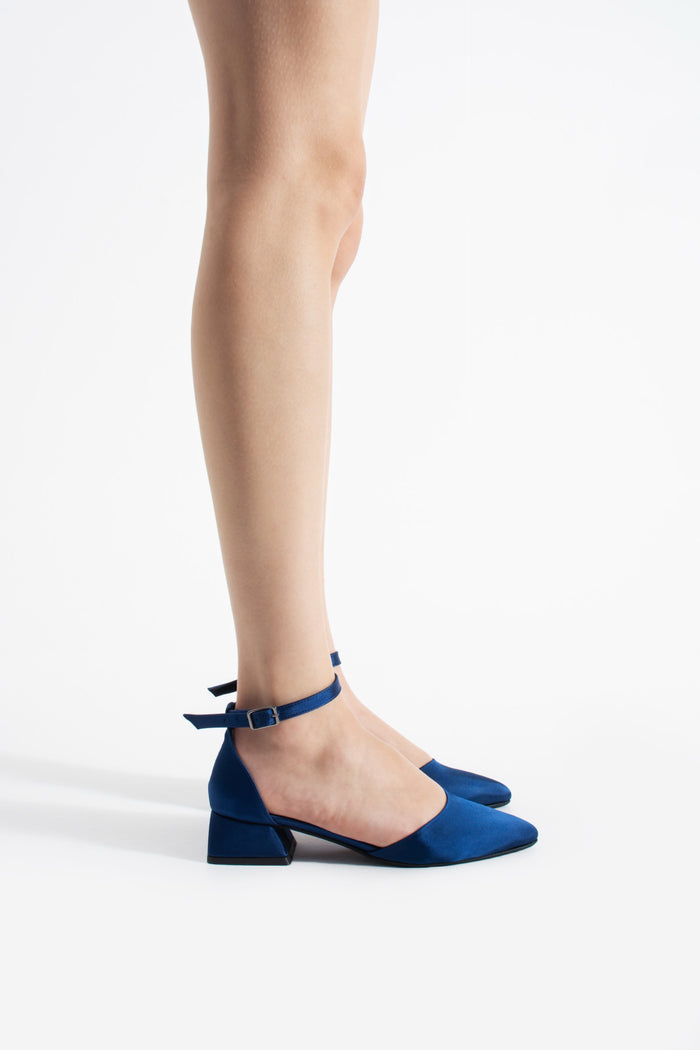 Vivia | Navy Blue Satin Low Heels