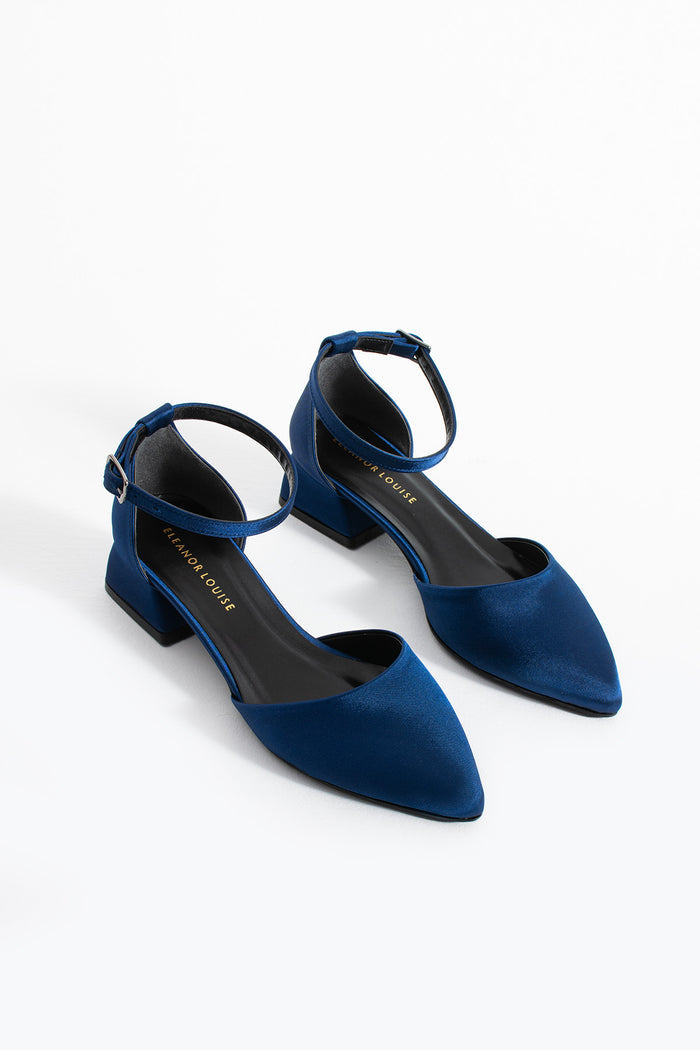 Vivia | Navy Blue Satin Low Heels