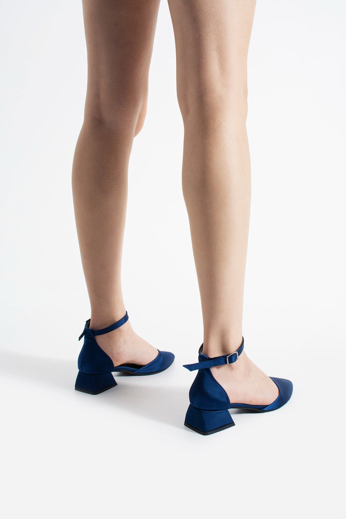 Vivia | Navy Blue Satin Low Heels